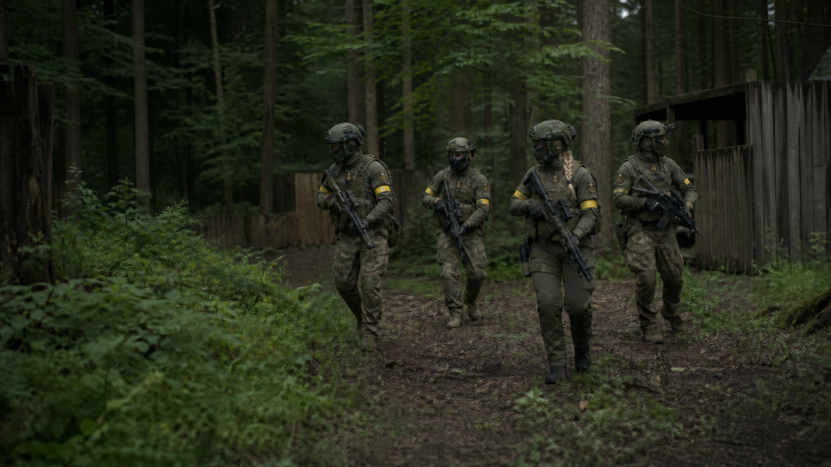Vier taktisch ausgerüstete Airsoft-Spieler mit K.A.D.-Teampatches auf einem Waldspielfeld